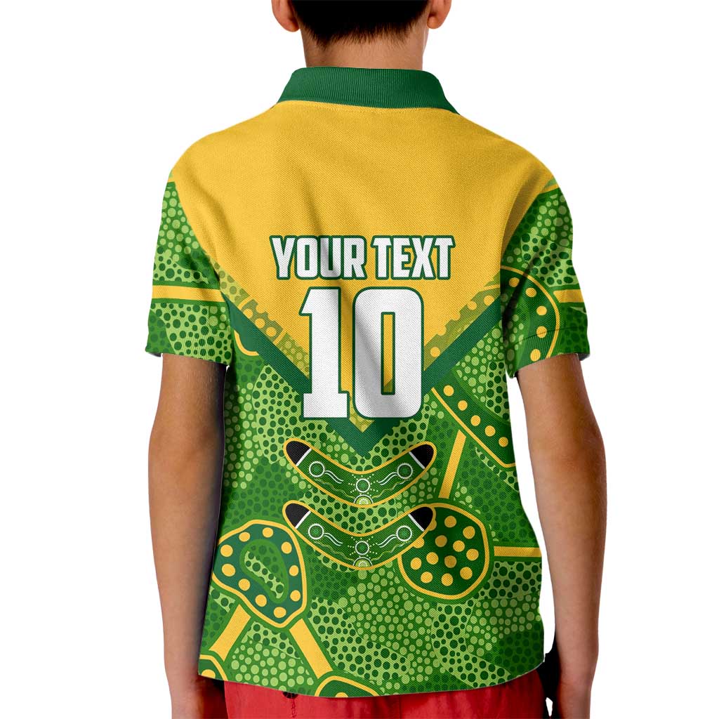 Personalized Australian Jackaroo Lawn Bowls Kid Polo Shirt Kangaroo Athlete Indigenous Pattern Green Yellow Sports Mascot