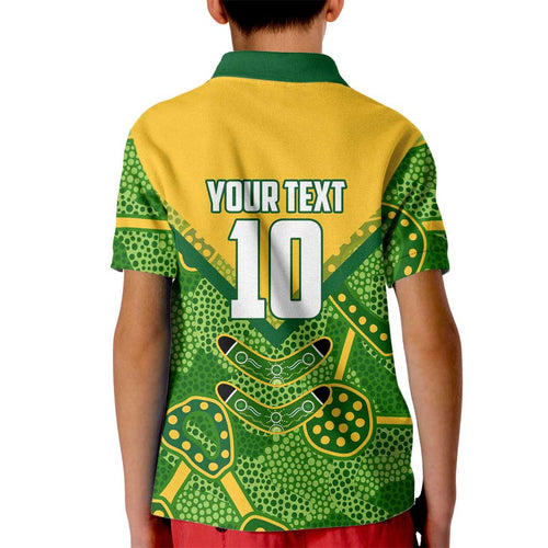 Personalized Australian Jackaroo Lawn Bowls Kid Polo Shirt Kangaroo Athlete Indigenous Pattern Green Yellow Sports Mascot