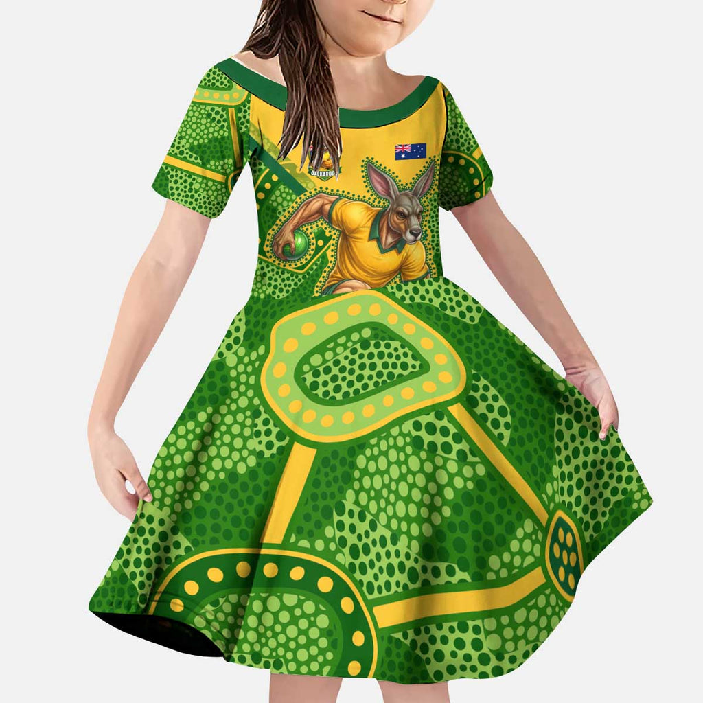 Personalized Australian Jackaroo Lawn Bowls Kid Short Sleeve Dress Kangaroo Athlete Indigenous Pattern Green Yellow Sports Mascot