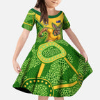 Personalized Australian Jackaroo Lawn Bowls Kid Short Sleeve Dress Kangaroo Athlete Indigenous Pattern Green Yellow Sports Mascot