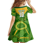 Personalized Australian Jackaroo Lawn Bowls Kid Short Sleeve Dress Kangaroo Athlete Indigenous Pattern Green Yellow Sports Mascot
