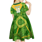 Personalized Australian Jackaroo Lawn Bowls Kid Short Sleeve Dress Kangaroo Athlete Indigenous Pattern Green Yellow Sports Mascot