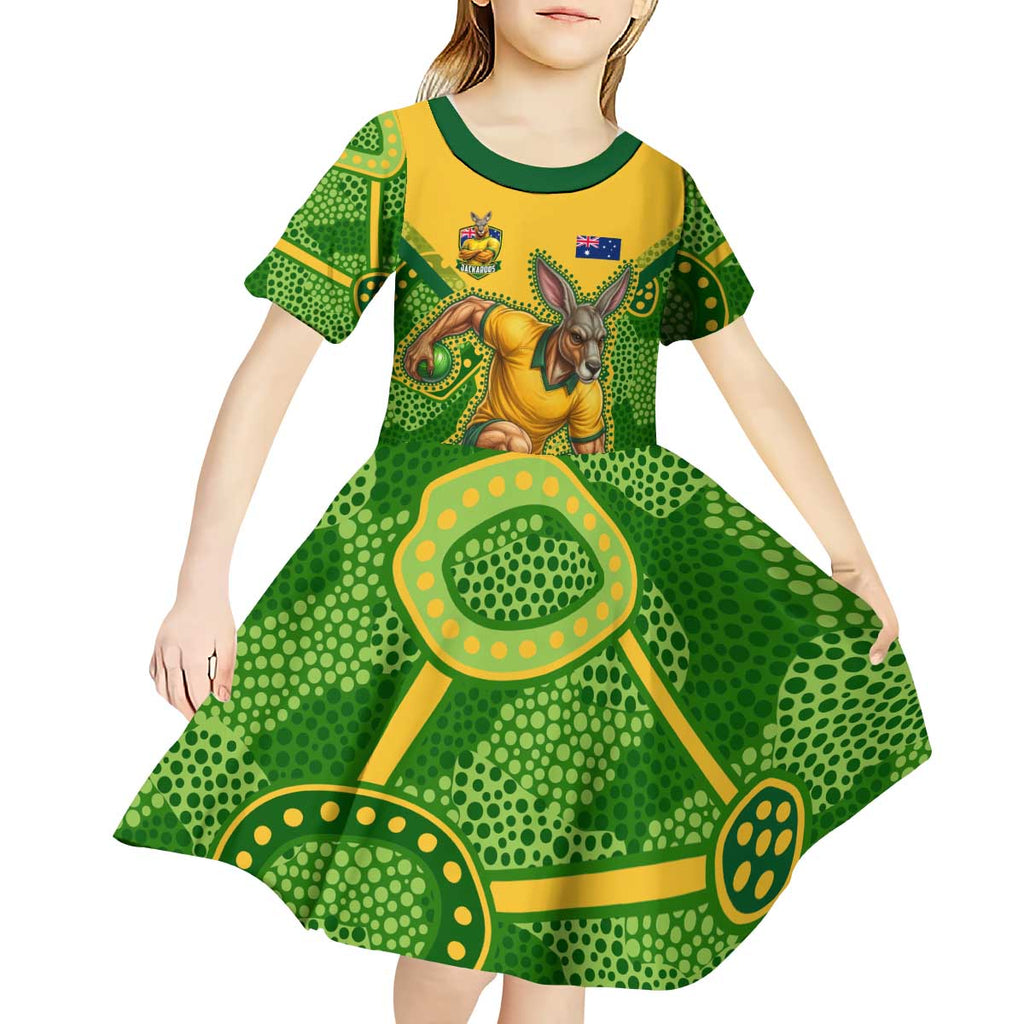 Personalized Australian Jackaroo Lawn Bowls Kid Short Sleeve Dress Kangaroo Athlete Indigenous Pattern Green Yellow Sports Mascot