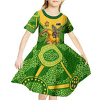 Personalized Australian Jackaroo Lawn Bowls Kid Short Sleeve Dress Kangaroo Athlete Indigenous Pattern Green Yellow Sports Mascot