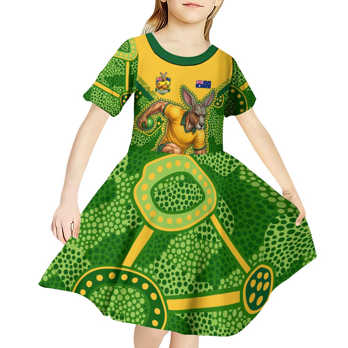 Personalized Australian Jackaroo Lawn Bowls Kid Short Sleeve Dress Kangaroo Athlete Indigenous Pattern Green Yellow Sports Mascot