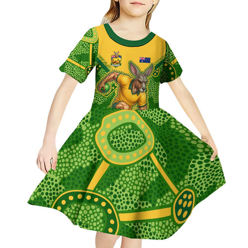 Personalized Australian Jackaroo Lawn Bowls Kid Short Sleeve Dress Kangaroo Athlete Indigenous Pattern Green Yellow Sports Mascot