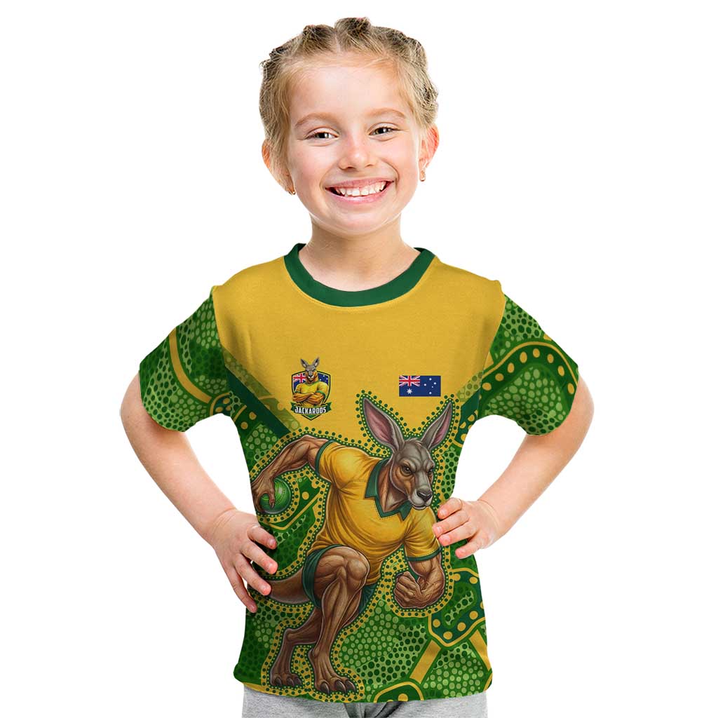 Personalized Australian Jackaroo Lawn Bowls Kid T Shirt Kangaroo Athlete Indigenous Pattern Green Yellow Sports Mascot