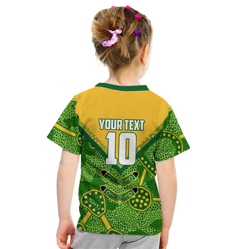 Personalized Australian Jackaroo Lawn Bowls Kid T Shirt Kangaroo Athlete Indigenous Pattern Green Yellow Sports Mascot