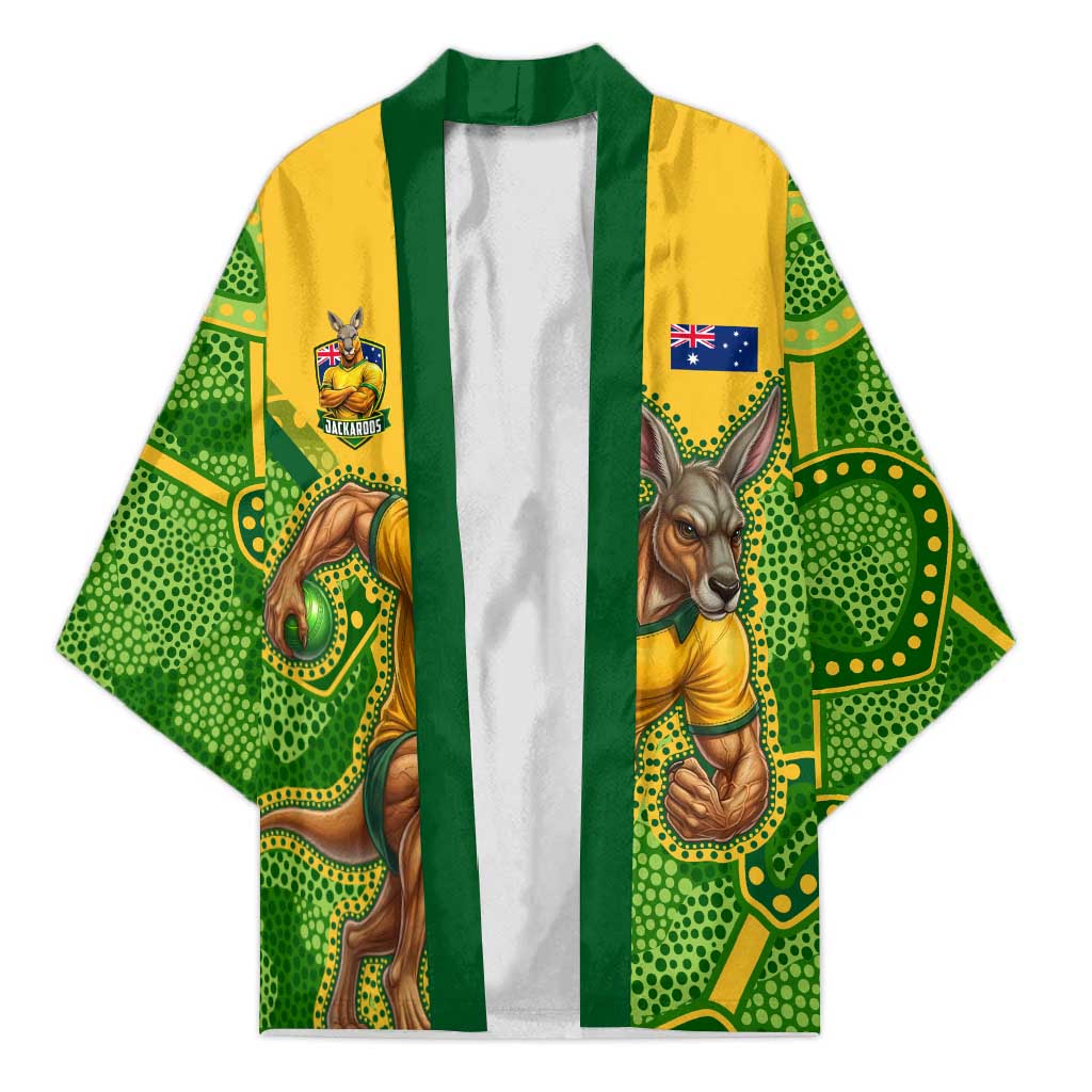 Personalized Australian Jackaroo Lawn Bowls Kimono Kangaroo Athlete Indigenous Pattern Green Yellow Sports Mascot