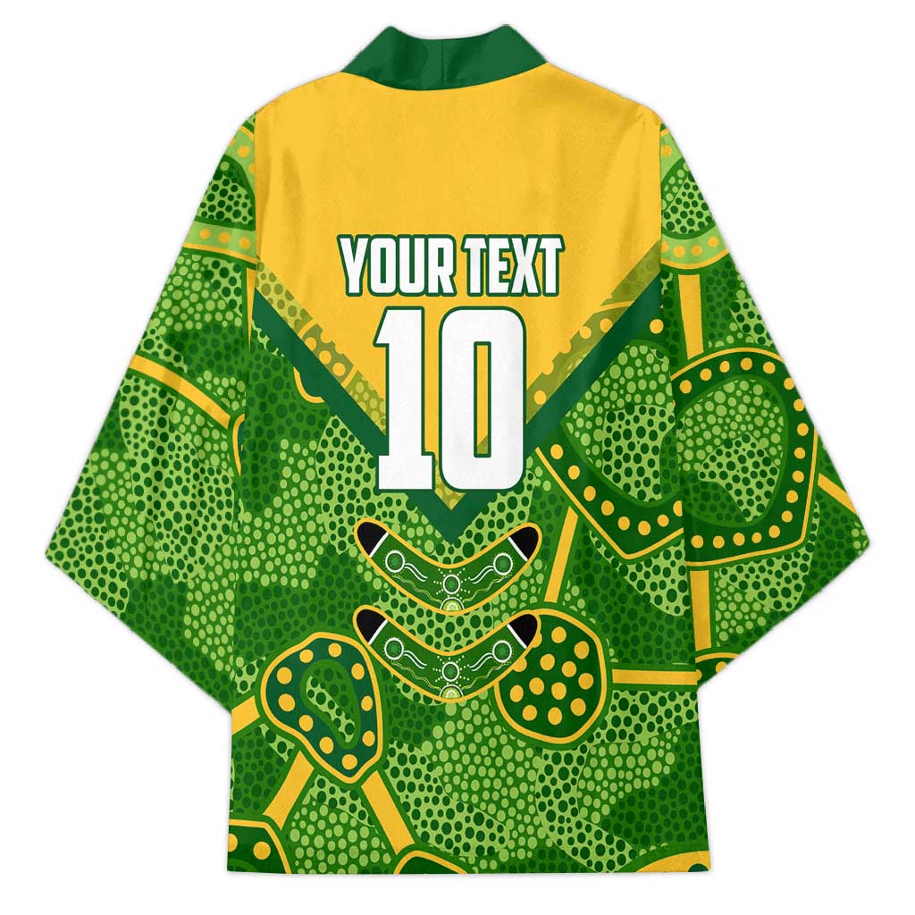 Personalized Australian Jackaroo Lawn Bowls Kimono Kangaroo Athlete Indigenous Pattern Green Yellow Sports Mascot