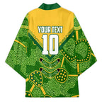 Personalized Australian Jackaroo Lawn Bowls Kimono Kangaroo Athlete Indigenous Pattern Green Yellow Sports Mascot