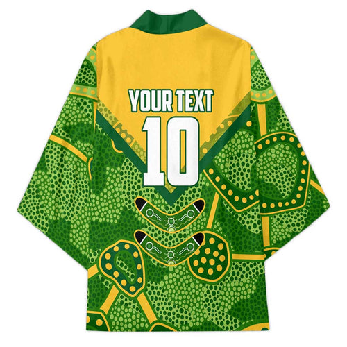 Personalized Australian Jackaroo Lawn Bowls Kimono Kangaroo Athlete Indigenous Pattern Green Yellow Sports Mascot