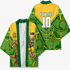 Personalized Australian Jackaroo Lawn Bowls Kimono Kangaroo Athlete Indigenous Pattern Green Yellow Sports Mascot