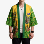 Personalized Australian Jackaroo Lawn Bowls Kimono Kangaroo Athlete Indigenous Pattern Green Yellow Sports Mascot