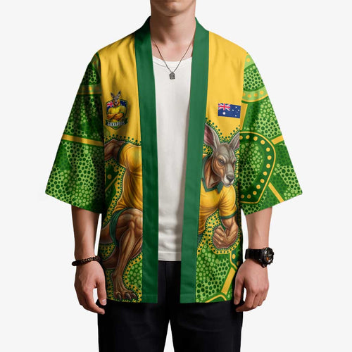 Personalized Australian Jackaroo Lawn Bowls Kimono Kangaroo Athlete Indigenous Pattern Green Yellow Sports Mascot