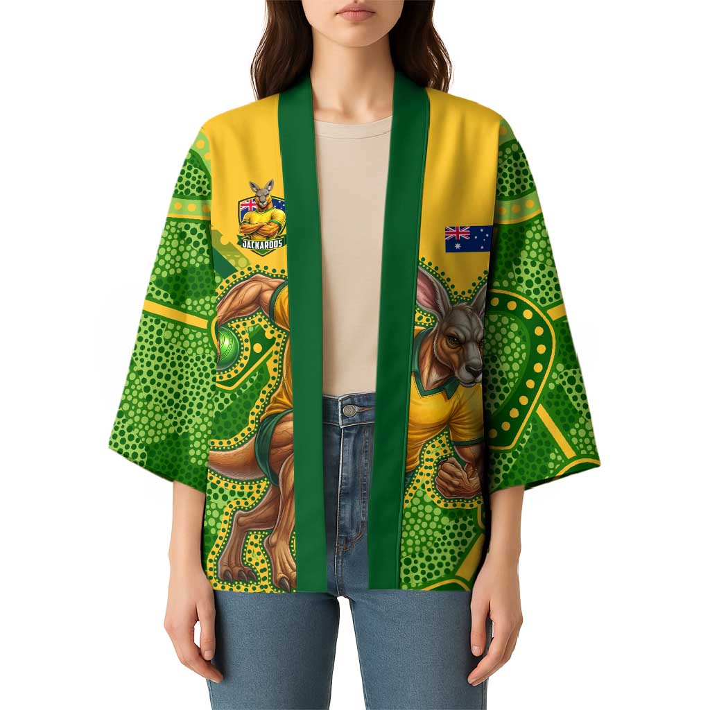 Personalized Australian Jackaroo Lawn Bowls Kimono Kangaroo Athlete Indigenous Pattern Green Yellow Sports Mascot