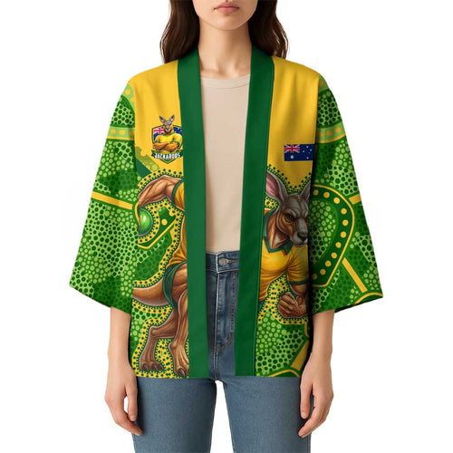Personalized Australian Jackaroo Lawn Bowls Kimono Kangaroo Athlete Indigenous Pattern Green Yellow Sports Mascot