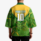 Personalized Australian Jackaroo Lawn Bowls Kimono Kangaroo Athlete Indigenous Pattern Green Yellow Sports Mascot