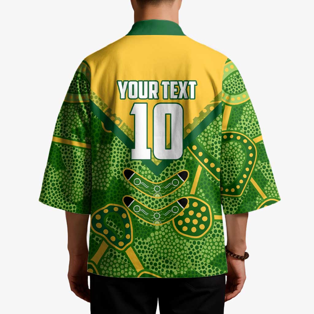 Personalized Australian Jackaroo Lawn Bowls Kimono Kangaroo Athlete Indigenous Pattern Green Yellow Sports Mascot