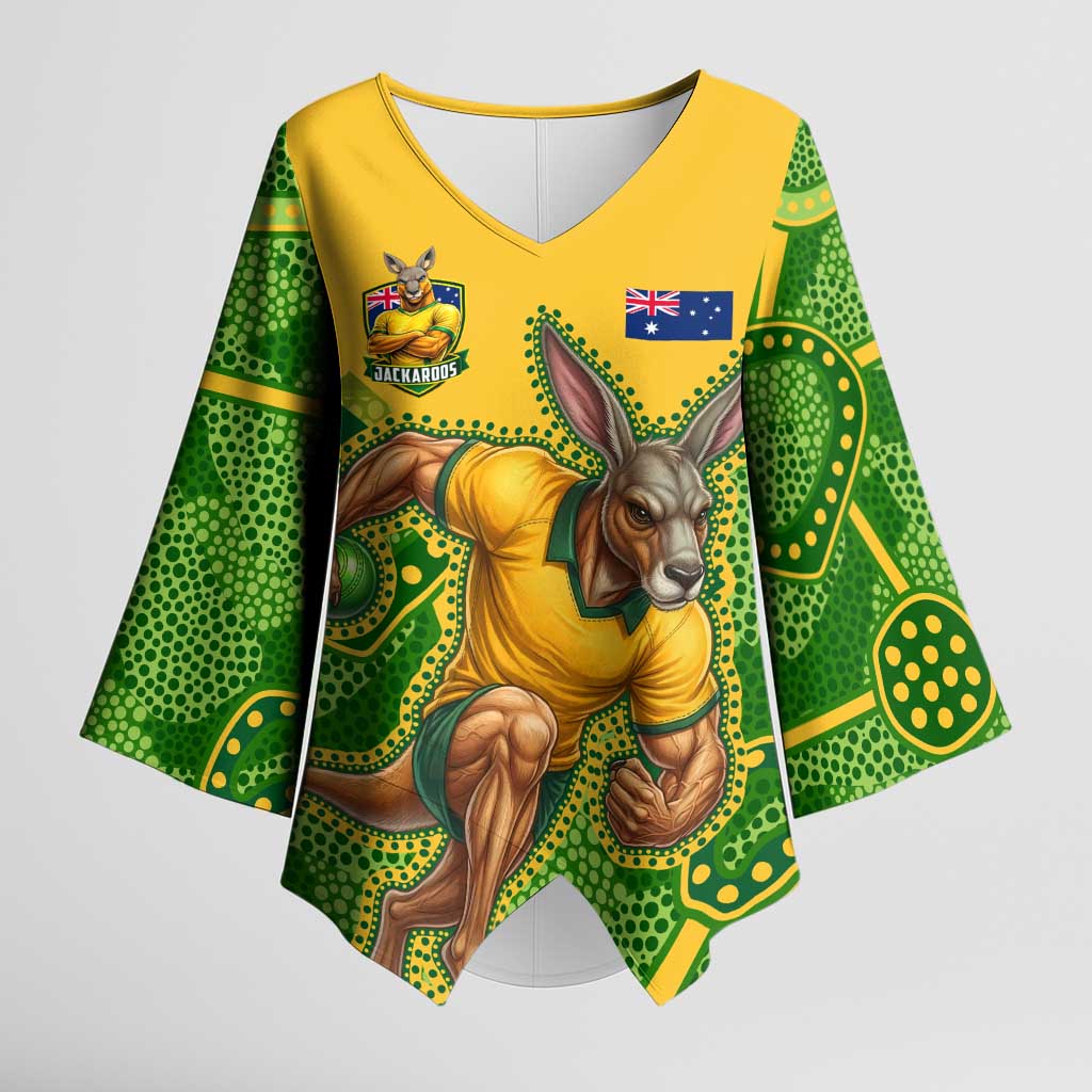 Personalized Australian Jackaroo Lawn Bowls Kimono Sleeve Blouse Kangaroo Athlete Indigenous Pattern Green Yellow Sports Mascot