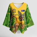Personalized Australian Jackaroo Lawn Bowls Kimono Sleeve Blouse Kangaroo Athlete Indigenous Pattern Green Yellow Sports Mascot