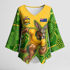 Personalized Australian Jackaroo Lawn Bowls Kimono Sleeve Blouse Kangaroo Athlete Indigenous Pattern Green Yellow Sports Mascot