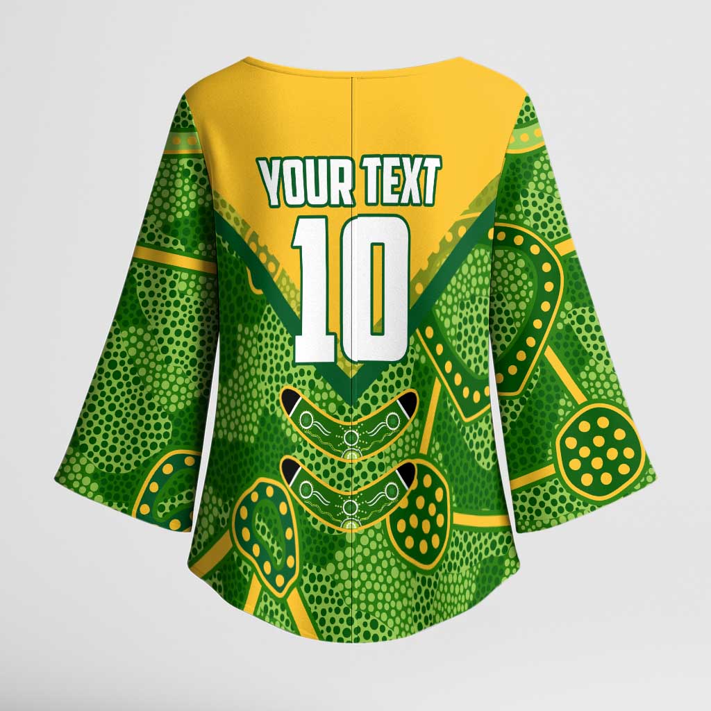 Personalized Australian Jackaroo Lawn Bowls Kimono Sleeve Blouse Kangaroo Athlete Indigenous Pattern Green Yellow Sports Mascot