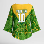 Personalized Australian Jackaroo Lawn Bowls Kimono Sleeve Blouse Kangaroo Athlete Indigenous Pattern Green Yellow Sports Mascot