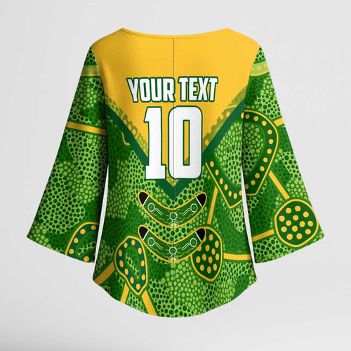 Personalized Australian Jackaroo Lawn Bowls Kimono Sleeve Blouse Kangaroo Athlete Indigenous Pattern Green Yellow Sports Mascot