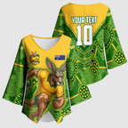 Personalized Australian Jackaroo Lawn Bowls Kimono Sleeve Blouse Kangaroo Athlete Indigenous Pattern Green Yellow Sports Mascot
