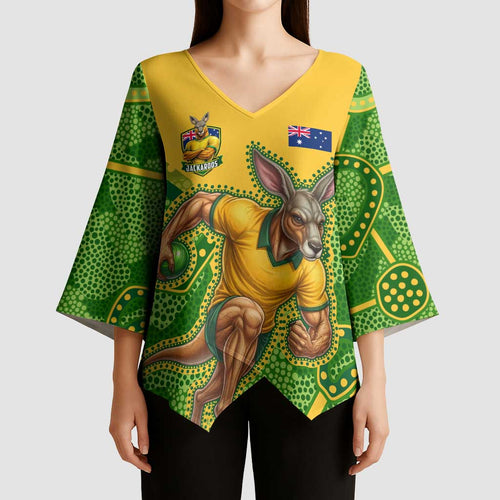 Personalized Australian Jackaroo Lawn Bowls Kimono Sleeve Blouse Kangaroo Athlete Indigenous Pattern Green Yellow Sports Mascot