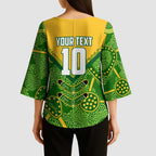 Personalized Australian Jackaroo Lawn Bowls Kimono Sleeve Blouse Kangaroo Athlete Indigenous Pattern Green Yellow Sports Mascot
