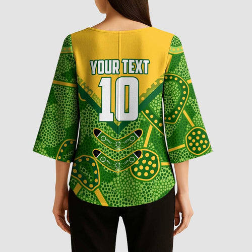 Personalized Australian Jackaroo Lawn Bowls Kimono Sleeve Blouse Kangaroo Athlete Indigenous Pattern Green Yellow Sports Mascot