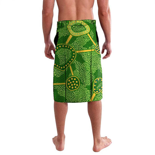 Personalized Australian Jackaroo Lawn Bowls Lavalava Kangaroo Athlete Indigenous Pattern Green Yellow Sports Mascot
