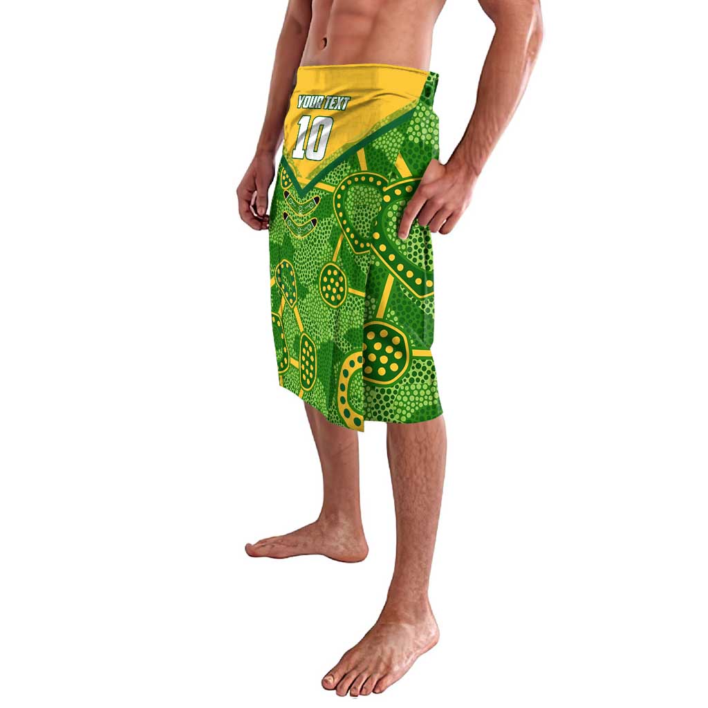 Personalized Australian Jackaroo Lawn Bowls Lavalava Kangaroo Athlete Indigenous Pattern Green Yellow Sports Mascot