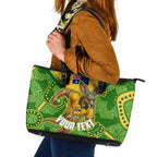 Personalized Australian Jackaroo Lawn Bowls Leather Tote Bag Kangaroo Athlete Indigenous Pattern Green Yellow Sports Mascot