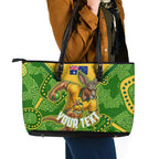 Personalized Australian Jackaroo Lawn Bowls Leather Tote Bag Kangaroo Athlete Indigenous Pattern Green Yellow Sports Mascot