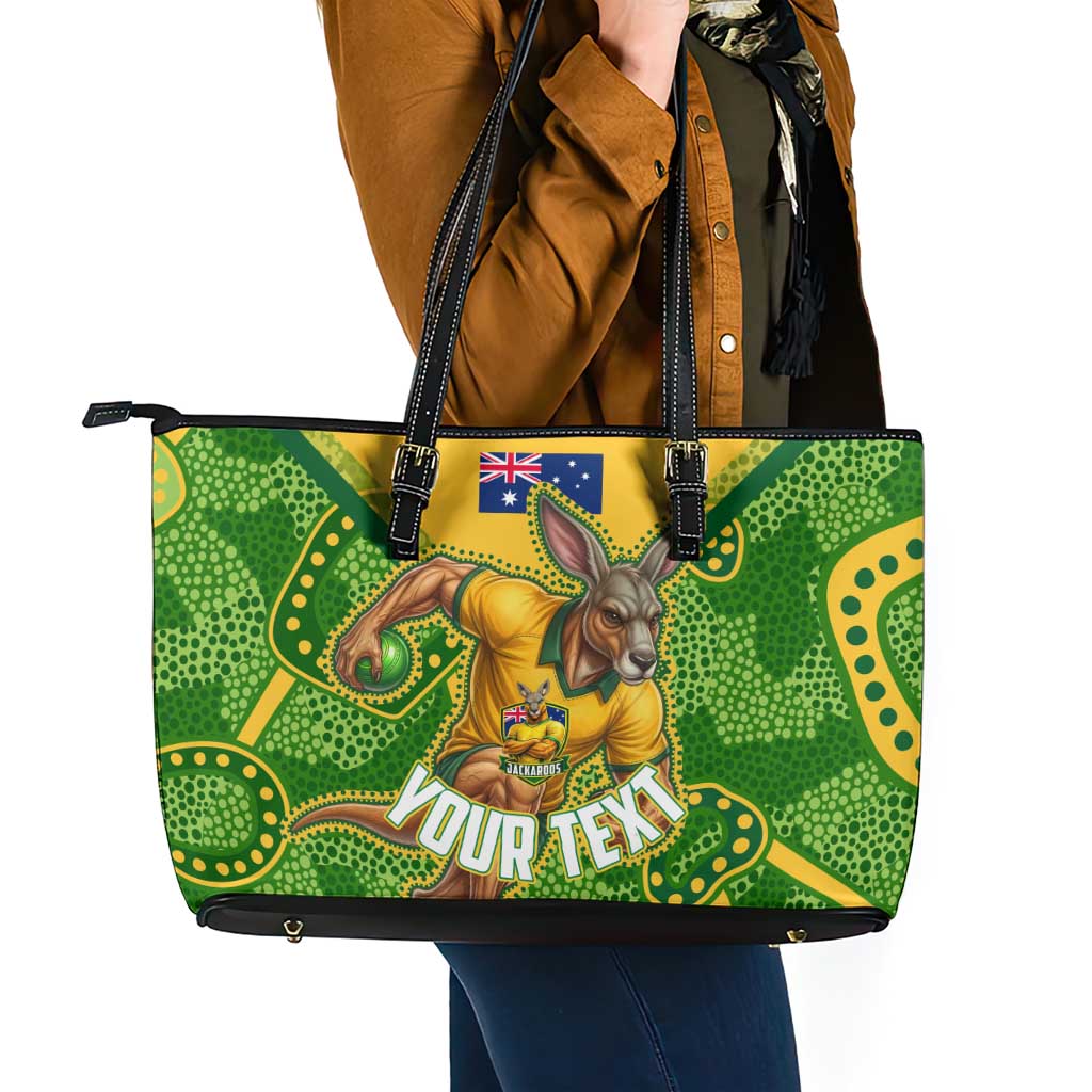 Personalized Australian Jackaroo Lawn Bowls Leather Tote Bag Kangaroo Athlete Indigenous Pattern Green Yellow Sports Mascot