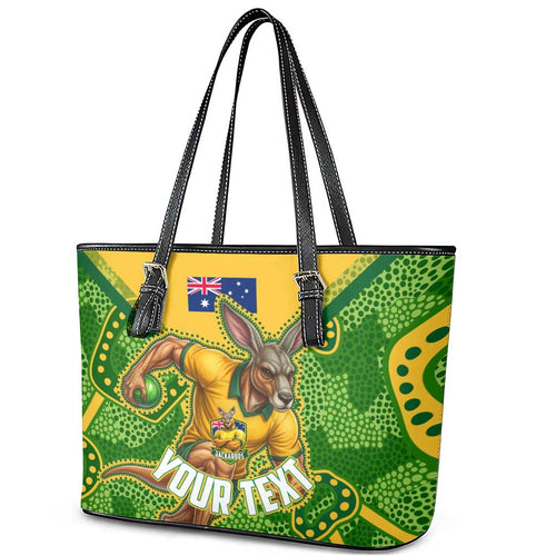 Personalized Australian Jackaroo Lawn Bowls Leather Tote Bag Kangaroo Athlete Indigenous Pattern Green Yellow Sports Mascot