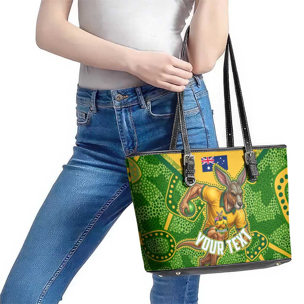 Personalized Australian Jackaroo Lawn Bowls Leather Tote Bag Kangaroo Athlete Indigenous Pattern Green Yellow Sports Mascot