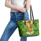 Personalized Australian Jackaroo Lawn Bowls Leather Tote Bag Kangaroo Athlete Indigenous Pattern Green Yellow Sports Mascot