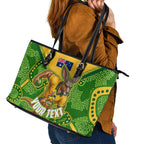 Personalized Australian Jackaroo Lawn Bowls Leather Tote Bag Kangaroo Athlete Indigenous Pattern Green Yellow Sports Mascot