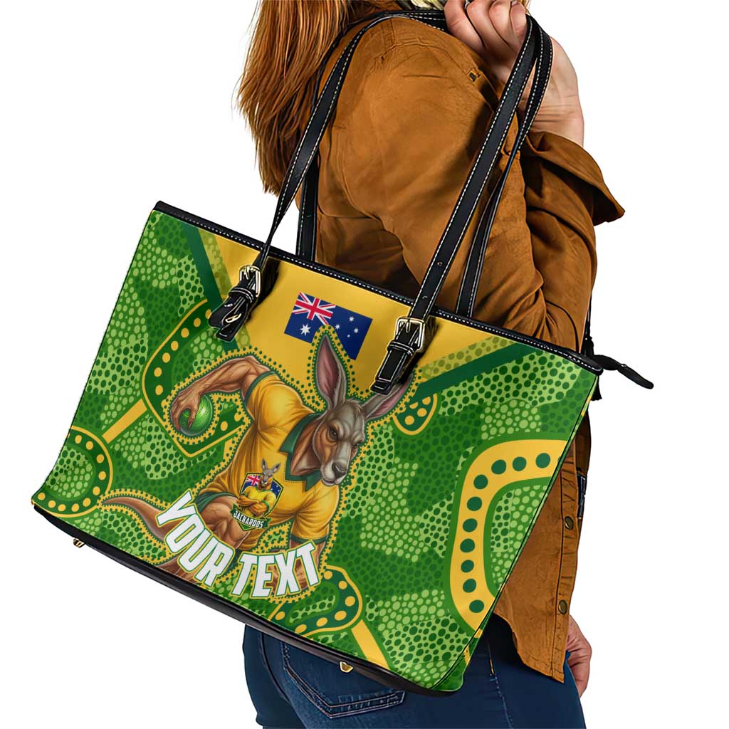 Personalized Australian Jackaroo Lawn Bowls Leather Tote Bag Kangaroo Athlete Indigenous Pattern Green Yellow Sports Mascot