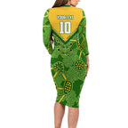 Personalized Australian Jackaroo Lawn Bowls Long Sleeve Bodycon Dress Kangaroo Athlete Indigenous Pattern Green Yellow Sports Mascot