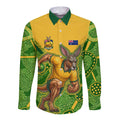 Personalized Australian Jackaroo Lawn Bowls Long Sleeve Button Shirt Kangaroo Athlete Indigenous Pattern Green Yellow Sports Mascot
