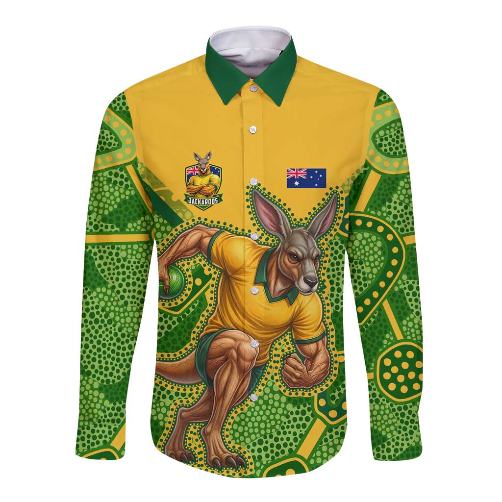 Personalized Australian Jackaroo Lawn Bowls Long Sleeve Button Shirt Kangaroo Athlete Indigenous Pattern Green Yellow Sports Mascot