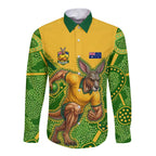 Personalized Australian Jackaroo Lawn Bowls Long Sleeve Button Shirt Kangaroo Athlete Indigenous Pattern Green Yellow Sports Mascot