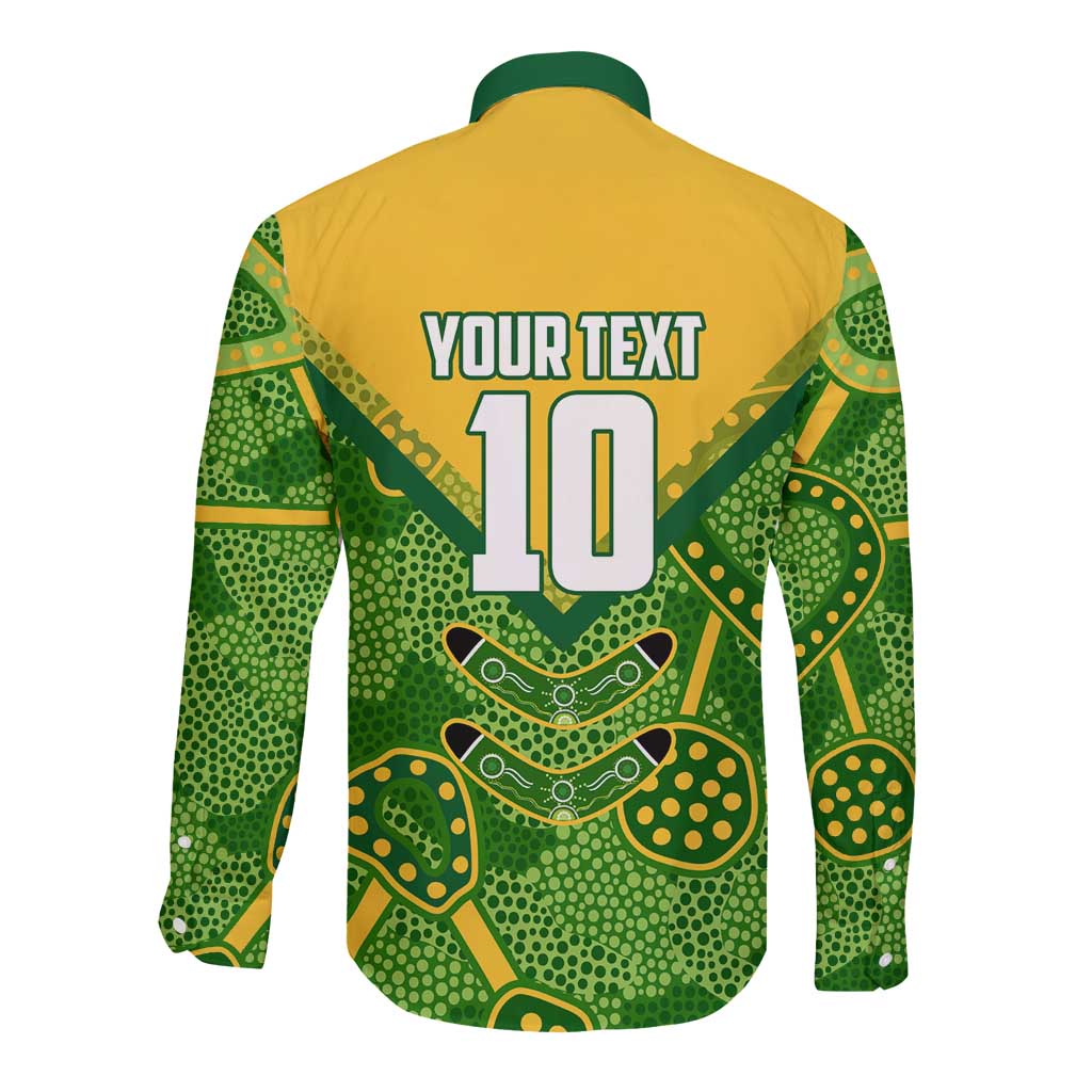 Personalized Australian Jackaroo Lawn Bowls Long Sleeve Button Shirt Kangaroo Athlete Indigenous Pattern Green Yellow Sports Mascot