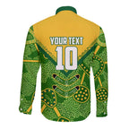Personalized Australian Jackaroo Lawn Bowls Long Sleeve Button Shirt Kangaroo Athlete Indigenous Pattern Green Yellow Sports Mascot