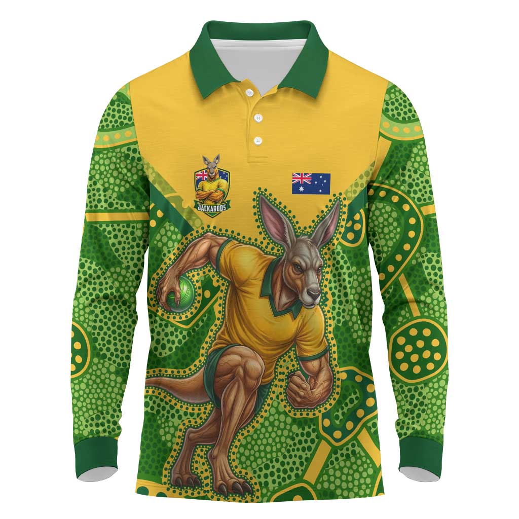 Personalized Australian Jackaroo Lawn Bowls Long Sleeve Polo Shirt Kangaroo Athlete Indigenous Pattern Green Yellow Sports Mascot